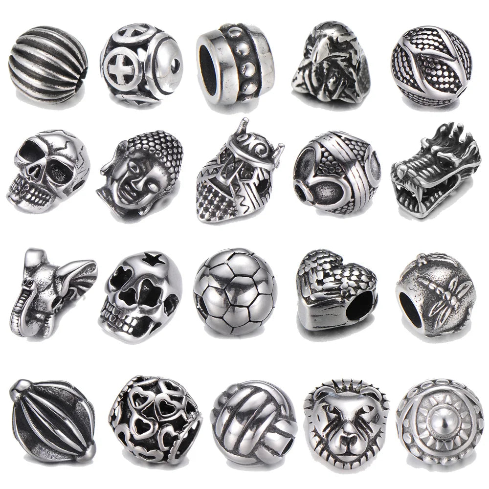 Pipitree DIY Vintage Stainless Steel Beads Claw Elephant Dragon Skull Beads Spacers Charms for Men Bracelet Jewelry Making