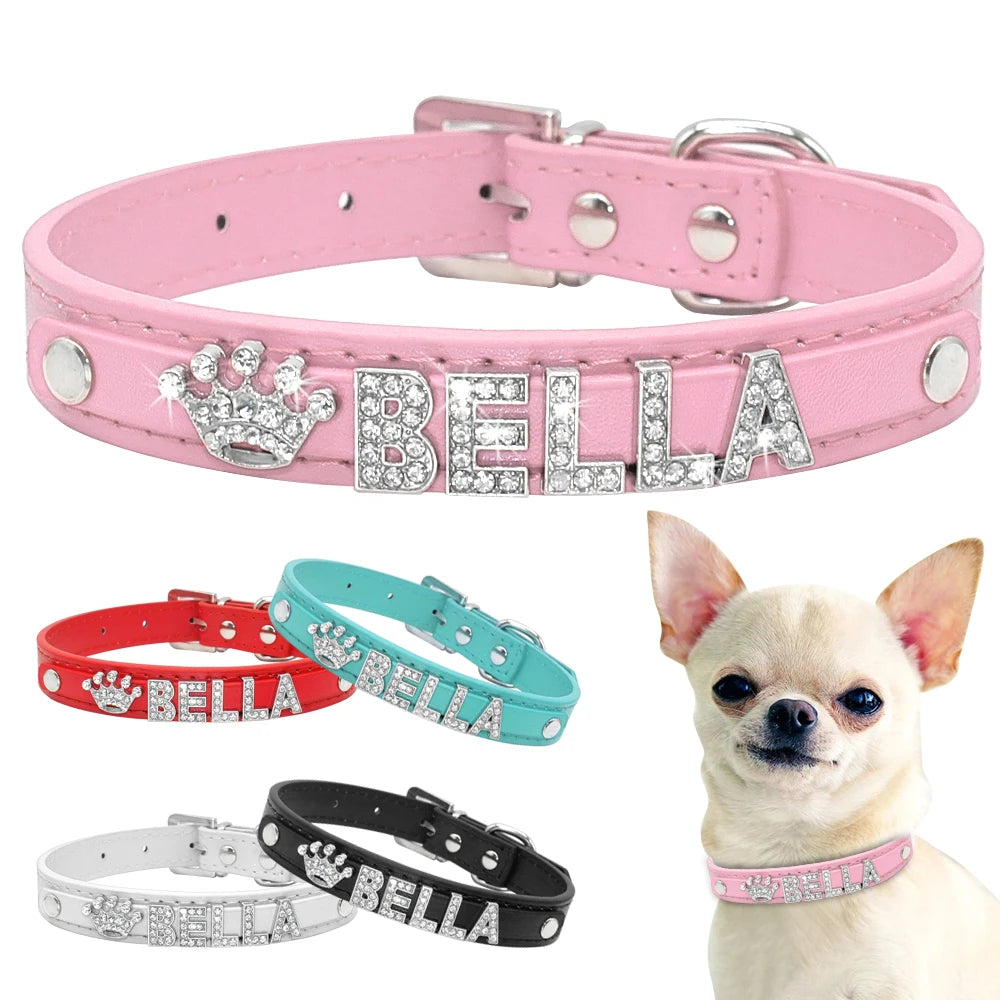 Bling Dog Accessories Collars Personalized Leather Small Puppy Cat Chihuahua Collar Custom DIY Name Necklace Free Charms Pendant