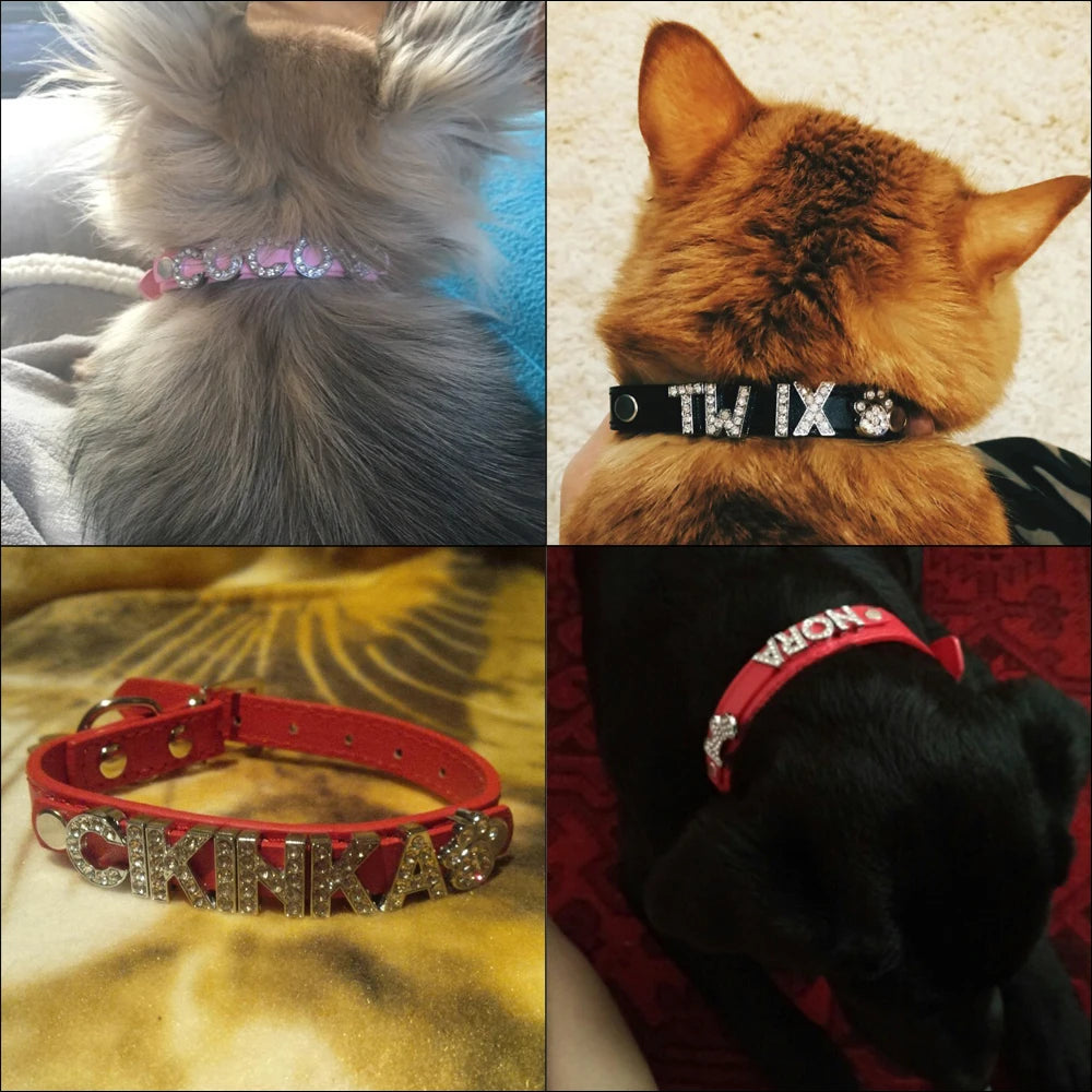 Bling Dog Accessories Collars Personalized Leather Small Puppy Cat Chihuahua Collar Custom DIY Name Necklace Free Charms Pendant