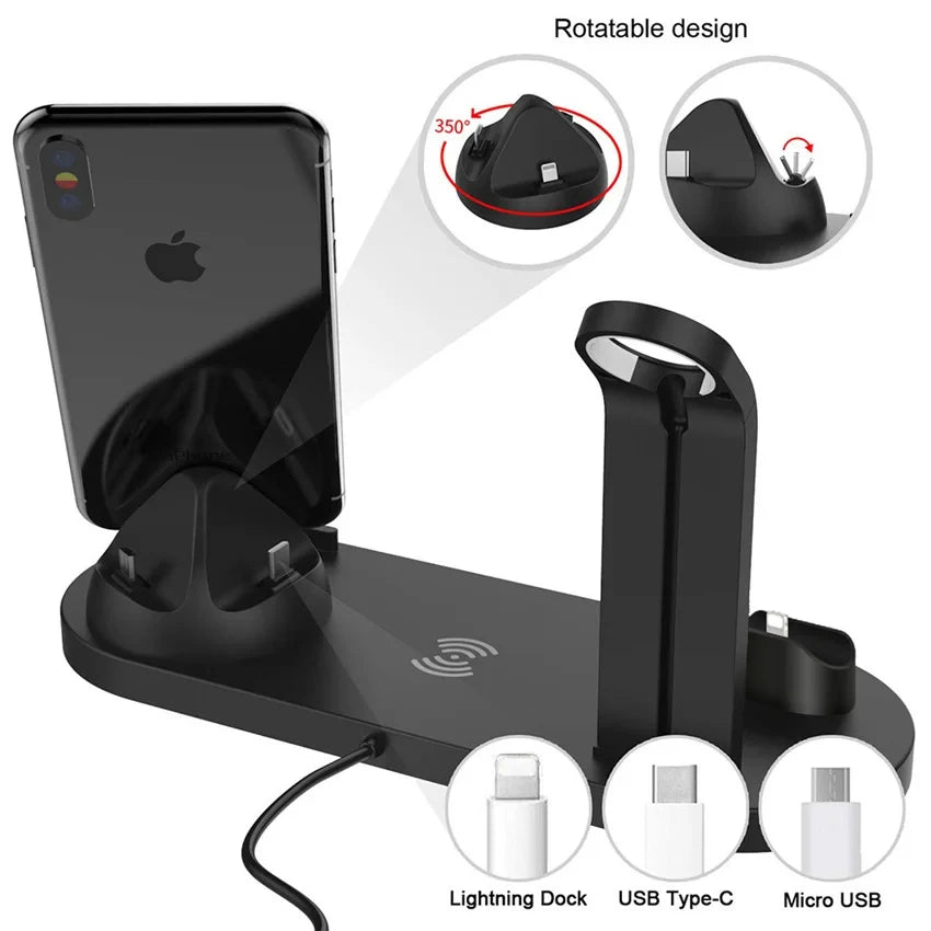 6 In 1 Wireless Charger Stand Pad For iPhone 15 14 13 12  X Apple Watch Airpods Desk Phone Chargers Fast Charging Dock Station