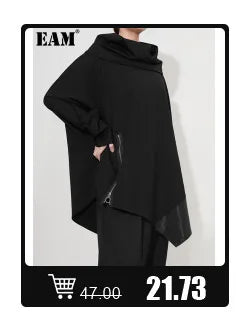 [EAM] Loose Fit Black Denim Big Size Sweatshirt New High Collar Long Sleeve Women Big Size Fashion Spring Autumn 2025 1K166