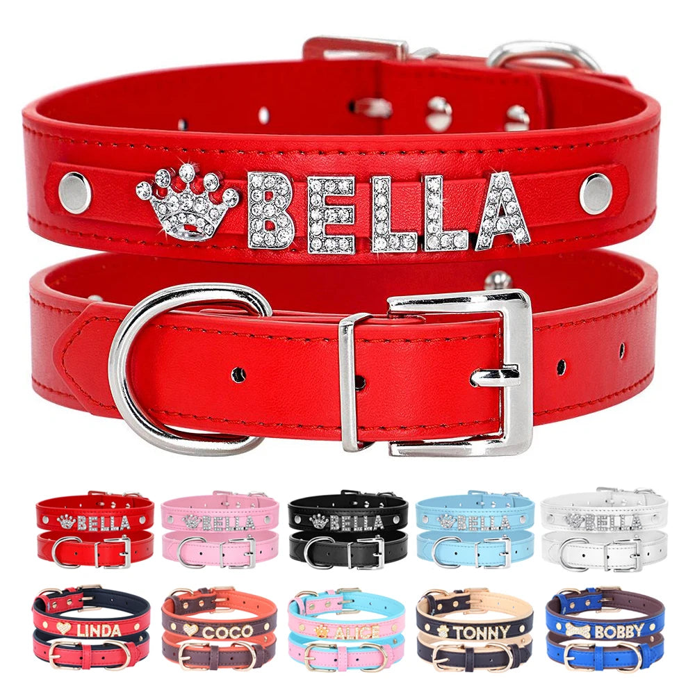 Bling Dog Accessories Collars Personalized Leather Small Puppy Cat Chihuahua Collar Custom DIY Name Necklace Free Charms Pendant