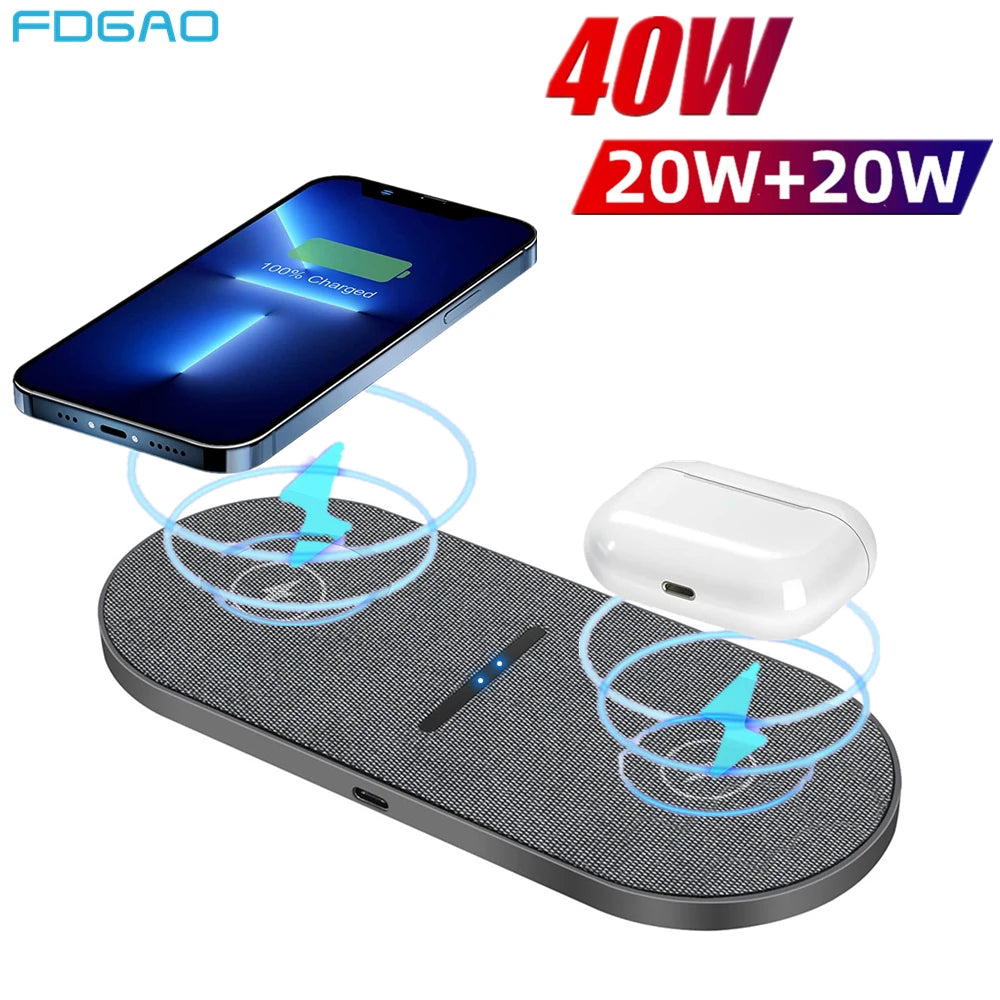 2 in 1 40W Wireless Charging Station for iPhone 16 15 14 13 12 11 XS Airpods 3 Pro 20W Fast Dual Charger Pad For Samsung S23 S24