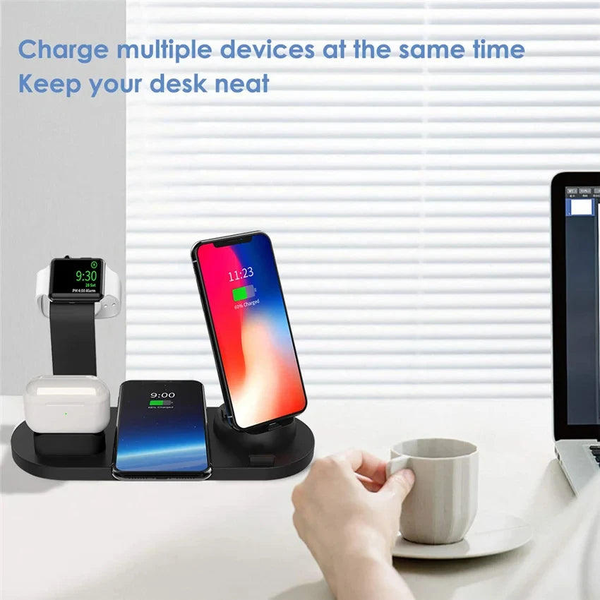 6 In 1 Wireless Charger Stand Pad For iPhone 15 14 13 12  X Apple Watch Airpods Desk Phone Chargers Fast Charging Dock Station