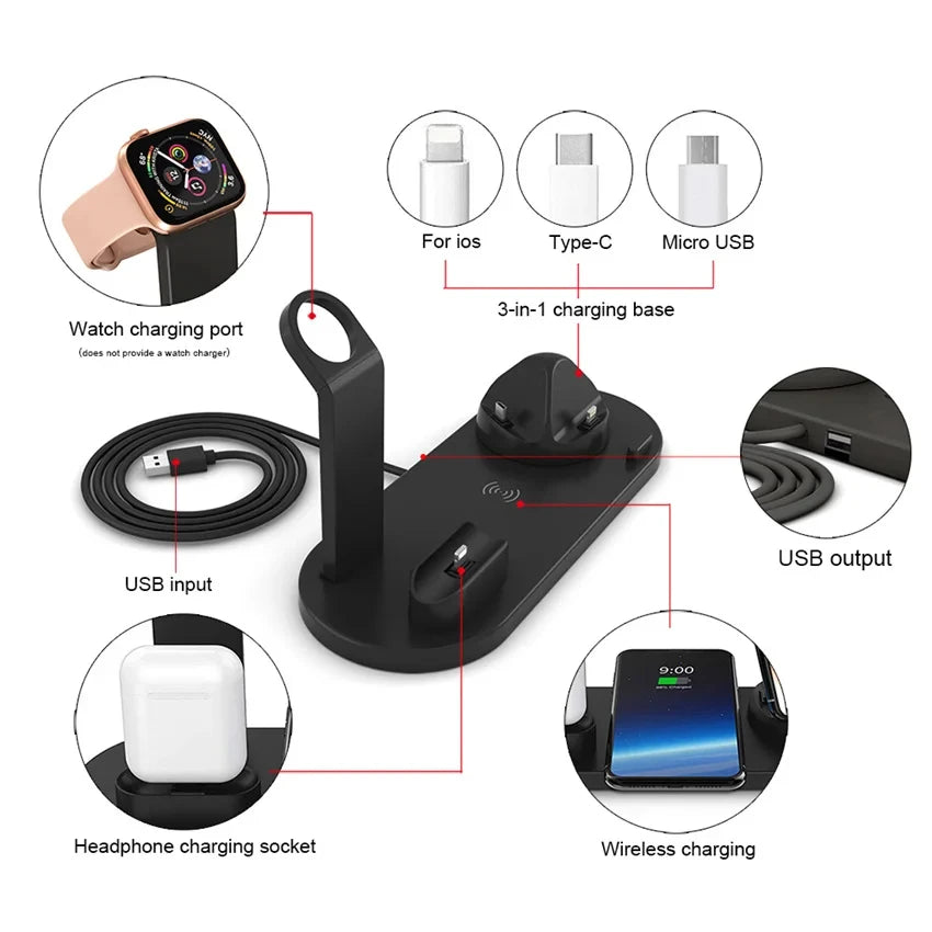 6 In 1 Wireless Charger Stand Pad For iPhone 15 14 13 12  X Apple Watch Airpods Desk Phone Chargers Fast Charging Dock Station