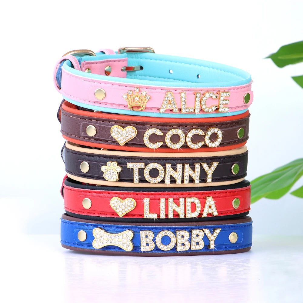 Bling Dog Accessories Collars Personalized Leather Small Puppy Cat Chihuahua Collar Custom DIY Name Necklace Free Charms Pendant