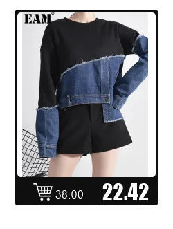 [EAM] Loose Fit Black Denim Big Size Sweatshirt New High Collar Long Sleeve Women Big Size Fashion Spring Autumn 2025 1K166