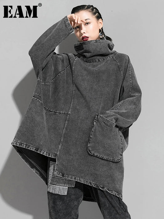 [EAM] Loose Fit Black Denim Big Size Sweatshirt New High Collar Long Sleeve Women Big Size Fashion Spring Autumn 2025 1K166