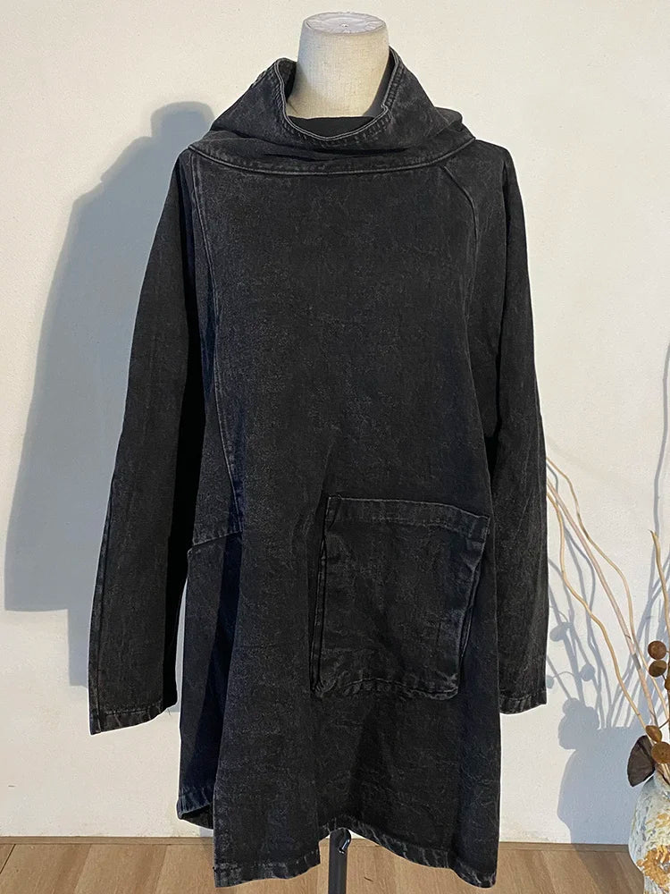 [EAM] Loose Fit Black Denim Big Size Sweatshirt New High Collar Long Sleeve Women Big Size Fashion Spring Autumn 2025 1K166