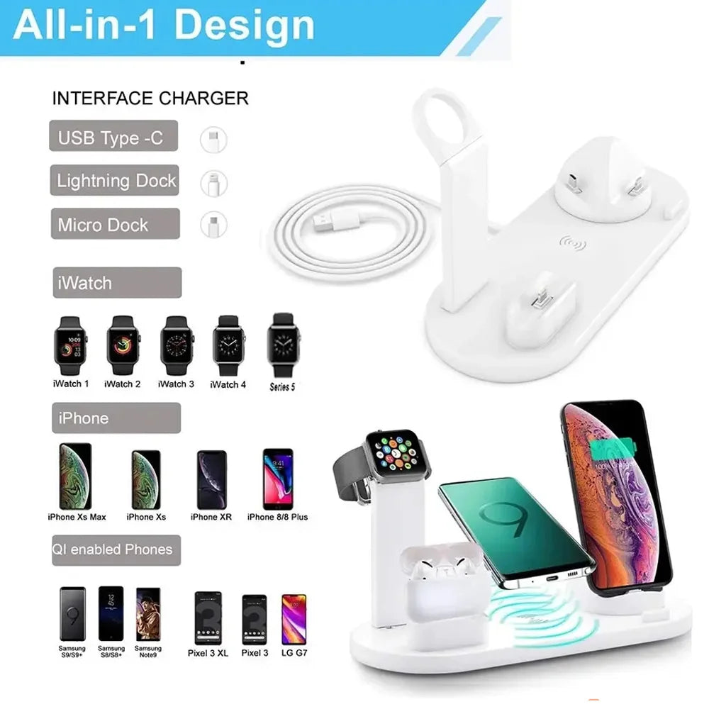 6 In 1 Wireless Charger Stand Pad For iPhone 15 14 13 12  X Apple Watch Airpods Desk Phone Chargers Fast Charging Dock Station